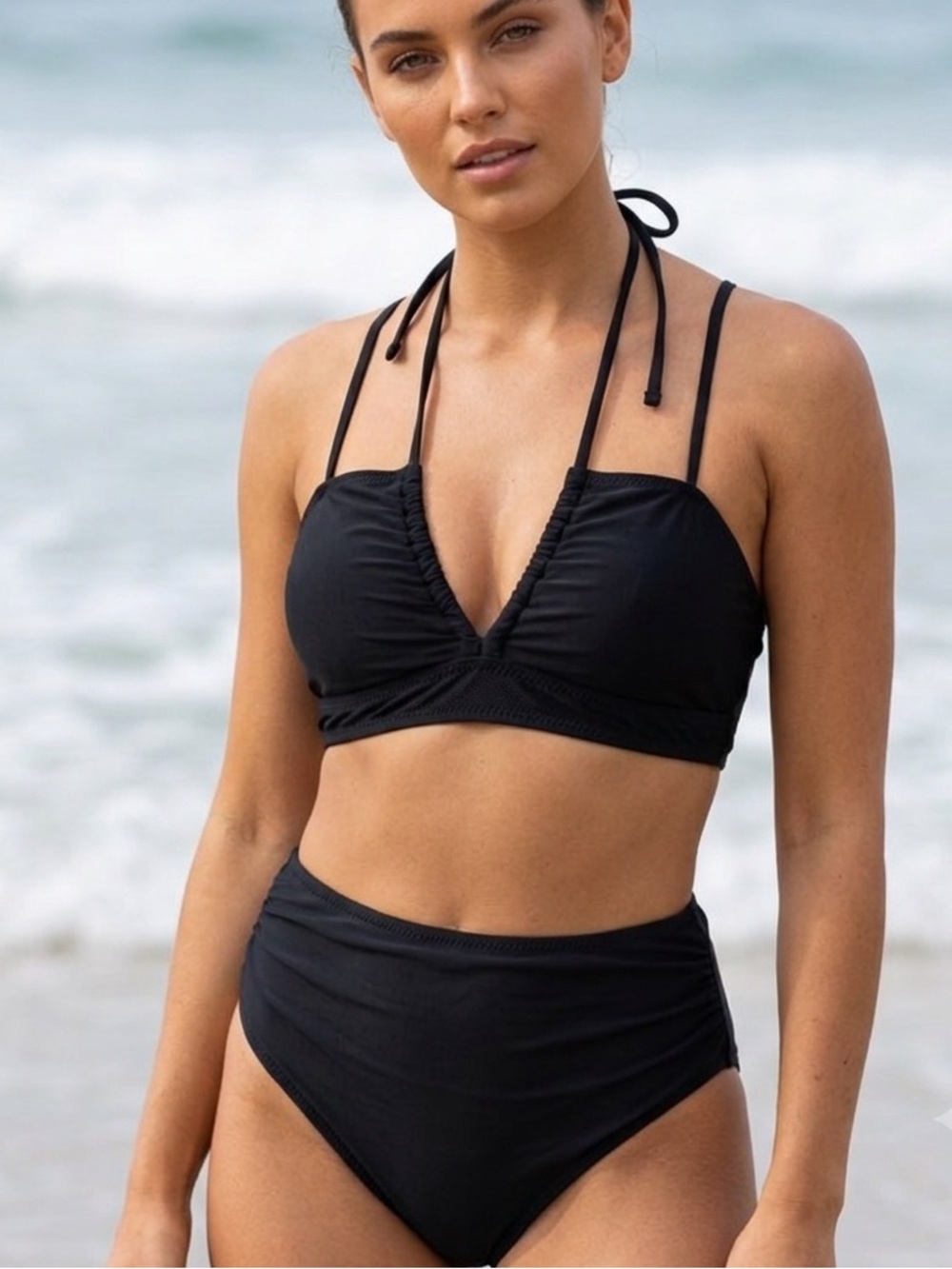 NWT Blooming Jelly Hi-Waist Black Bikini Set, Size Large, Women's Swimwear Set